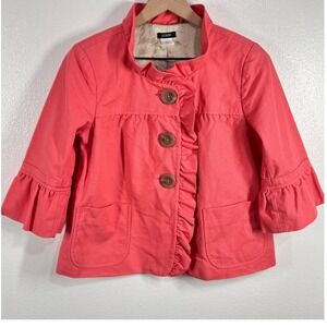 J.Crew Ruffle Jacket Cropped 3/4 Sleeve Button Front Coral Pink Size 6 Statement